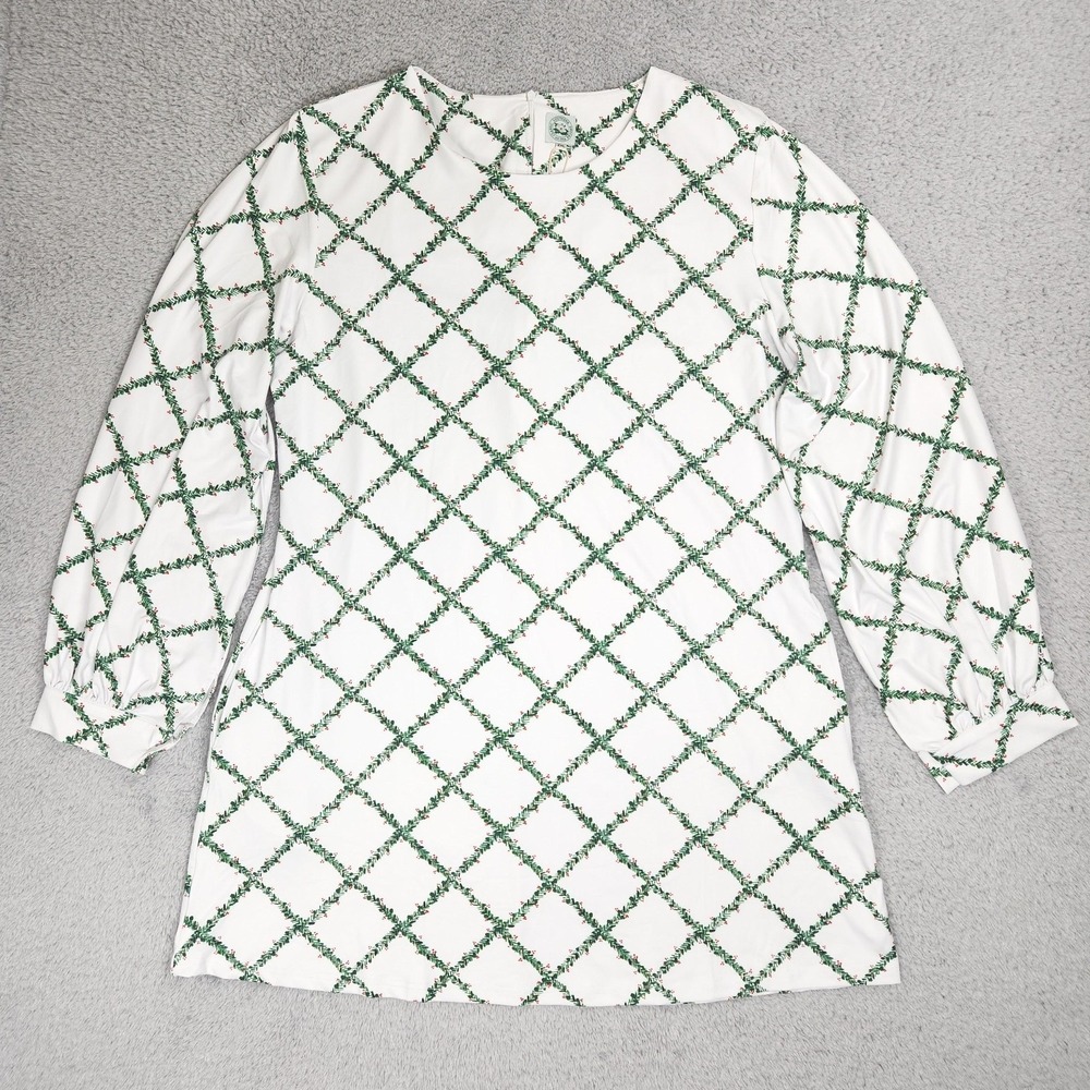 Classic Southern Smocks Dress Womens 2XL White Green Holly Print Long Sleeve NEW